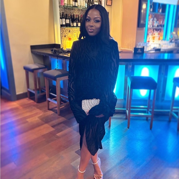 Black Zebra High Neck Draped Midi Dress (with High Split) - Picture 2 of 4